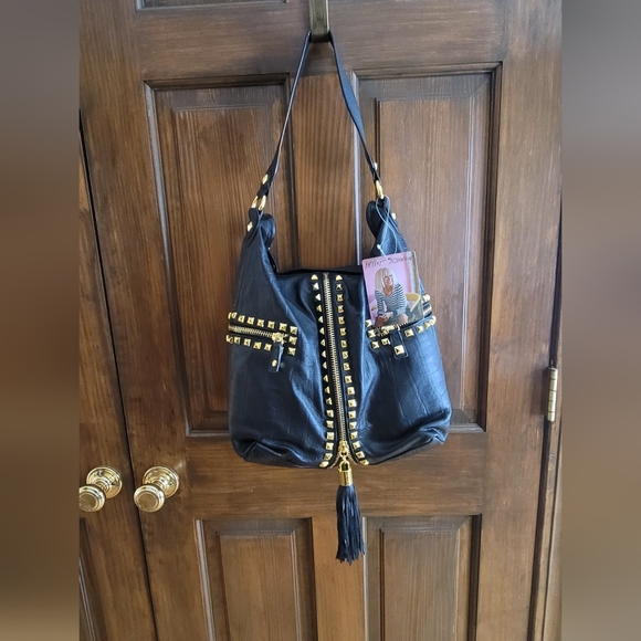 Betsey Johnson Large Hobo Croc To It Black and Gold Studded Women's Bag - Picture 1 of 12